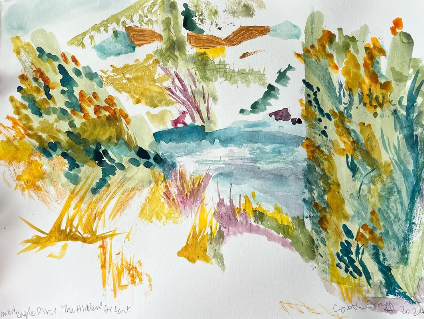A colorful watercolor painting of a river flowing through a lush landscape with trees, bushes, and hills in the background.