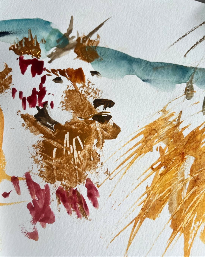 Abstract watercolor painting with brown, red, and yellow brushstrokes, and a blue horizontal streak at the top.