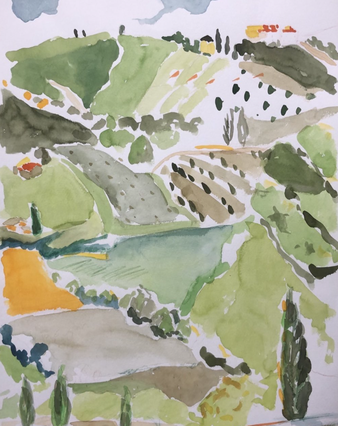 Watercolor painting of rolling green hills with patches of farmland, trees, and a small body of water in the foreground under a cloudy sky.