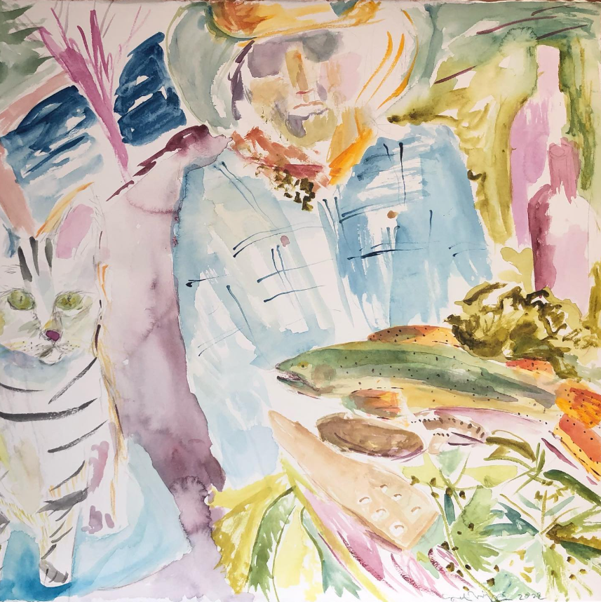 A watercolor painting of a person with a large hat, surrounded by a cat, fish, vegetables, and other produce laid out on a table.