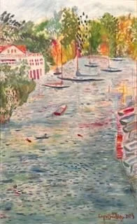 Waterfront scene with trees, boats, and houses in the background, painted in watercolor style.