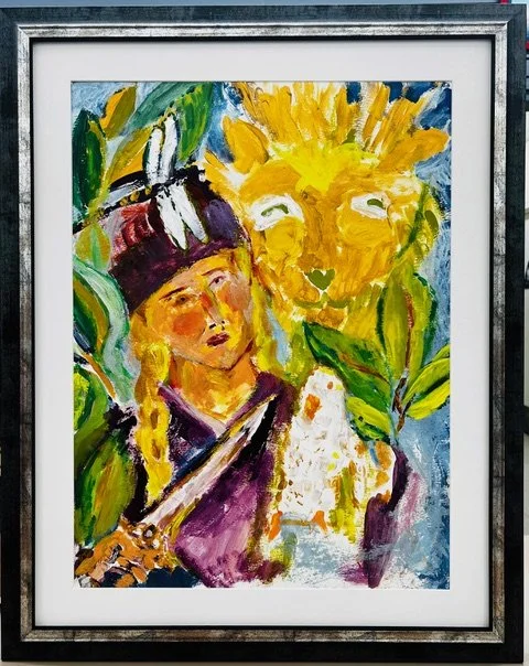 An abstract painting of a woman with blonde hair and a lion with a sunflower head, surrounded by green leaves and vibrant colors.