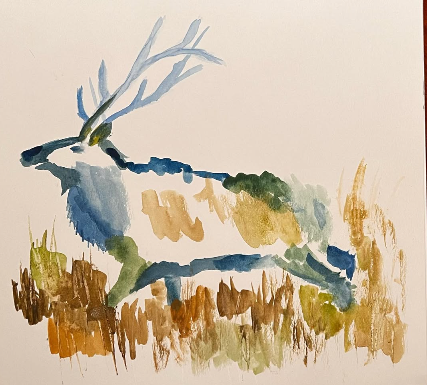 An abstract watercolor painting of a deer with antlers, set against a background of autumn-colored grass and foliage.