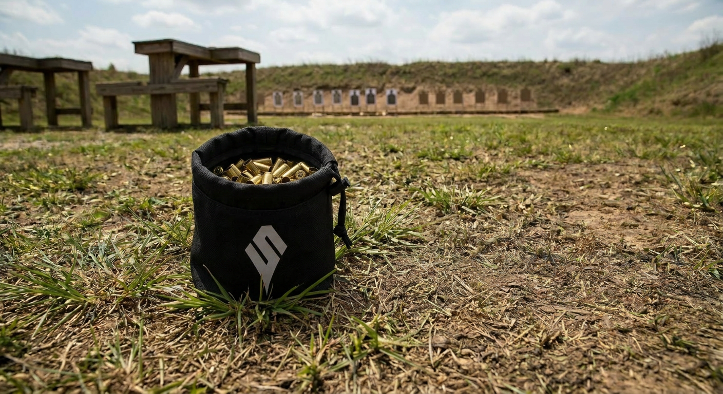 Soft bucket filled with brass casings on a range, Scavenger logo visible, targets in background
