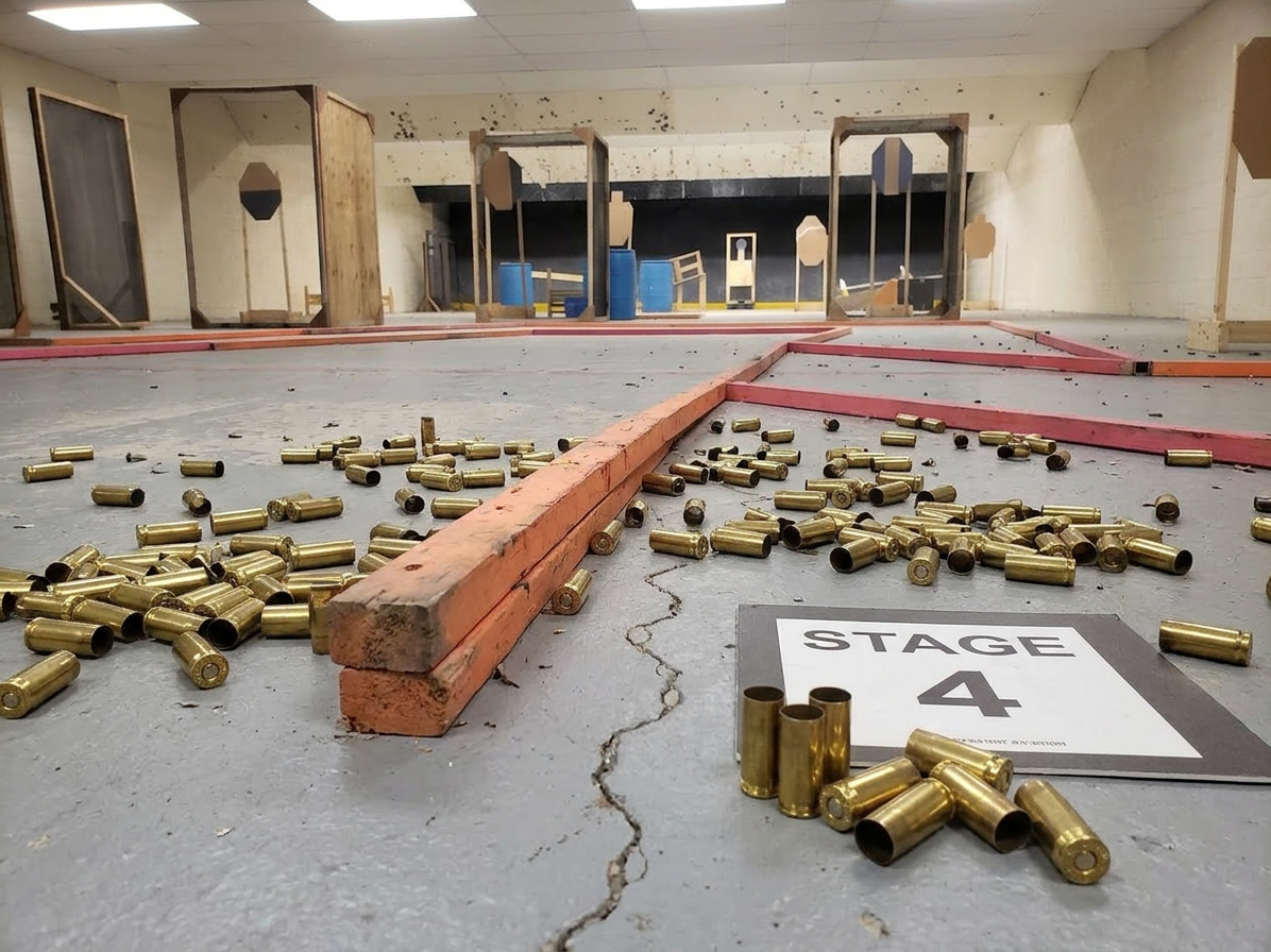 Indoor shooting range floor with loose brass casings and a Stage 4 marker, low angle