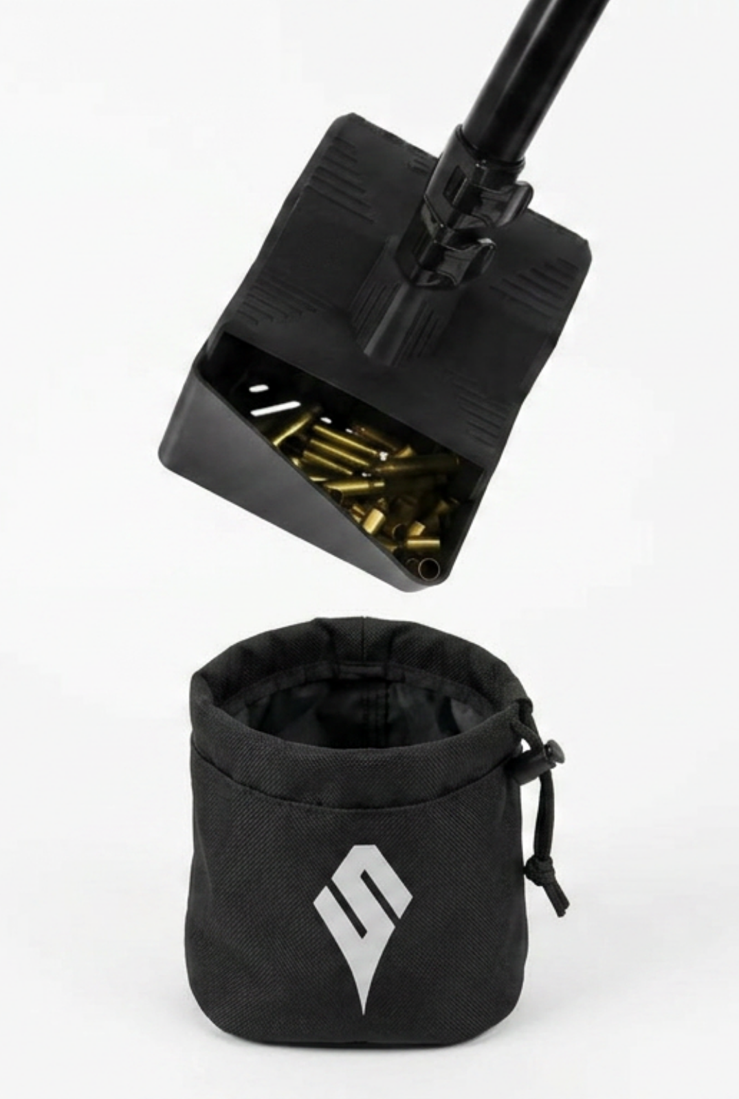 Scavenger brass pickup scoop emptying brass casings into a black drawstring collection pouch on white background