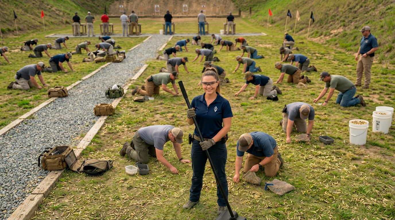 Gril standing at an outdoor shooting range holding a Scavenger pickup tool, Scavenger logo on shirt, with multiple people kneeling behind to collect brass casings