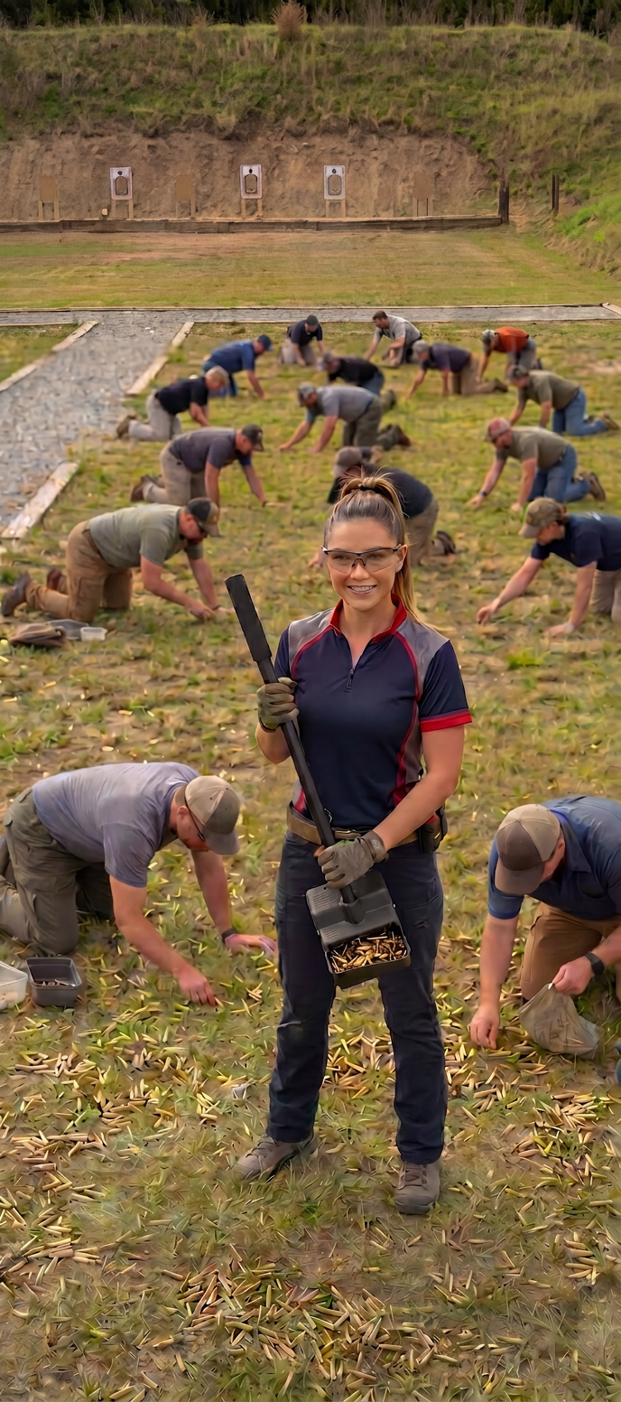 Girl standing at an outdoor shooting range holding a Scavenger pickup tool, with multiple people kneeling behind to collect brass casings