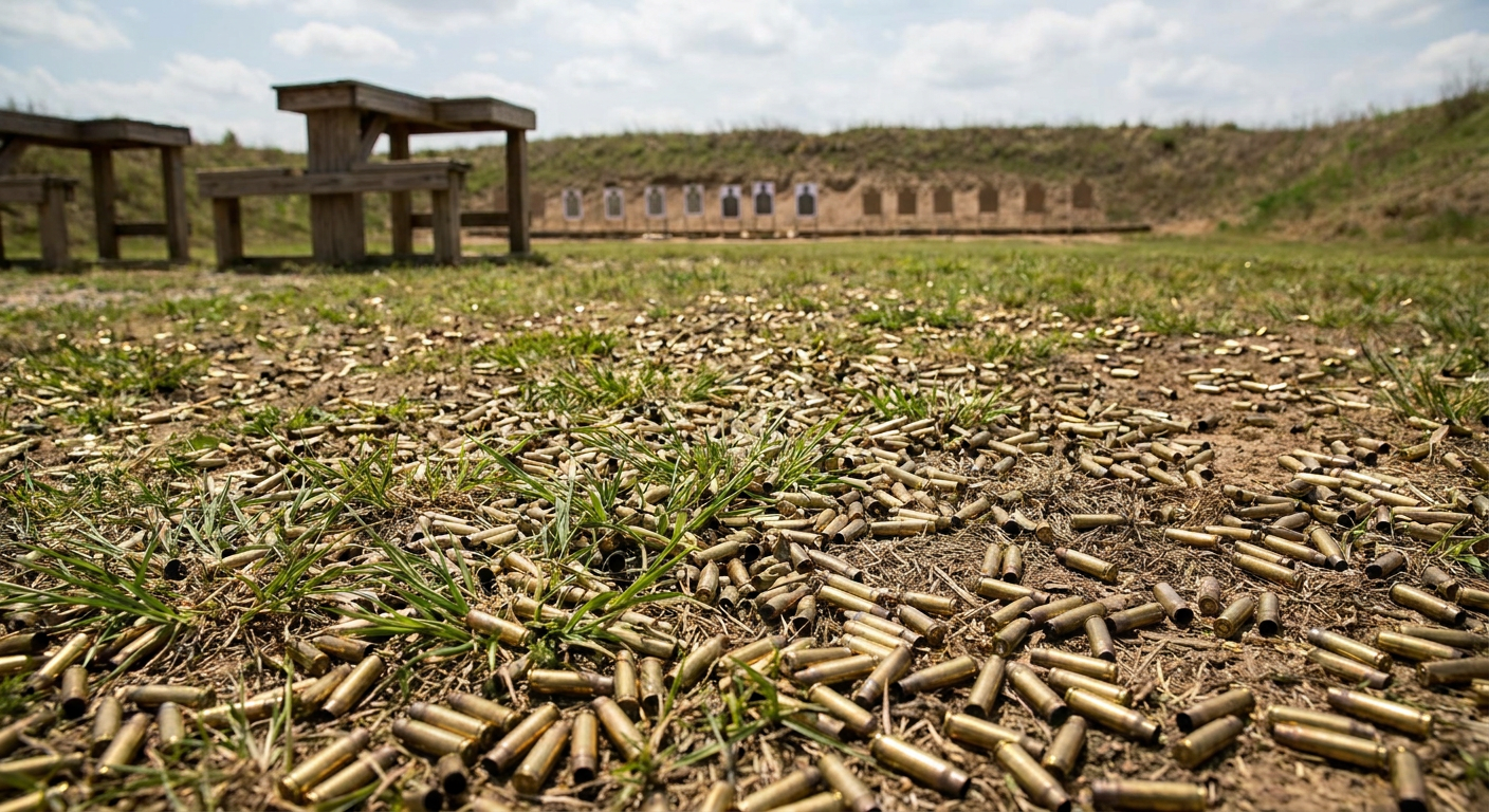 Outdoor shooting range ground with loose brass casings in patchy grass, targets in background