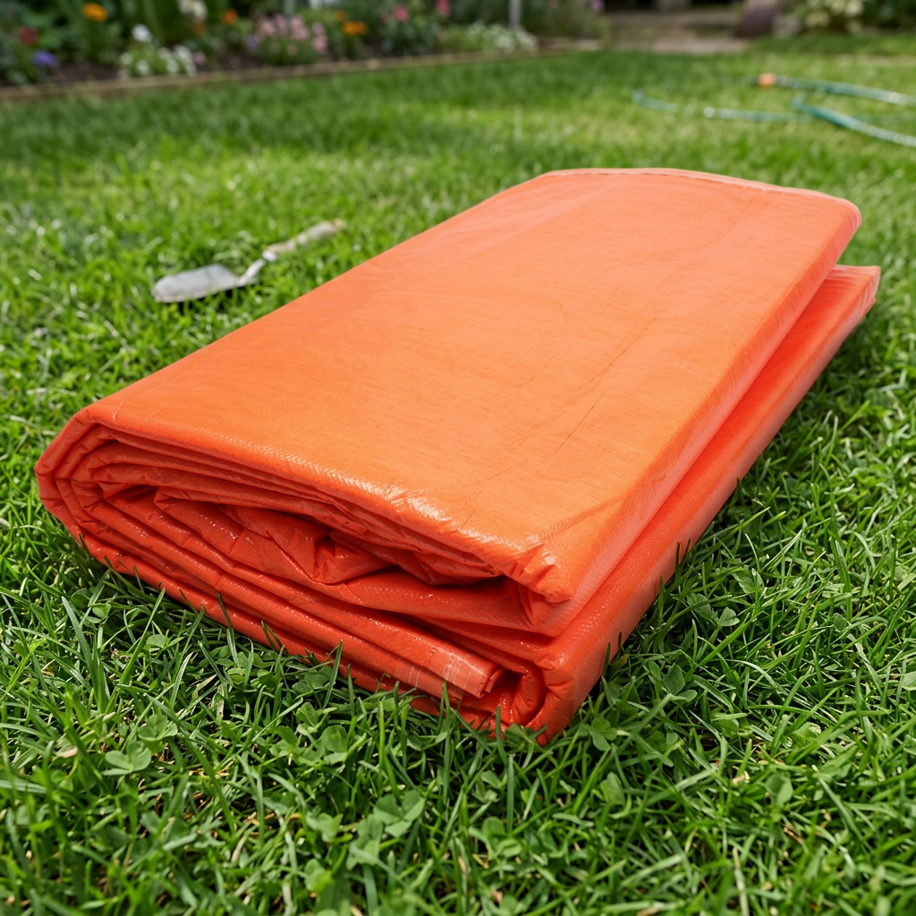 Folded orange ground sheet resting on grass