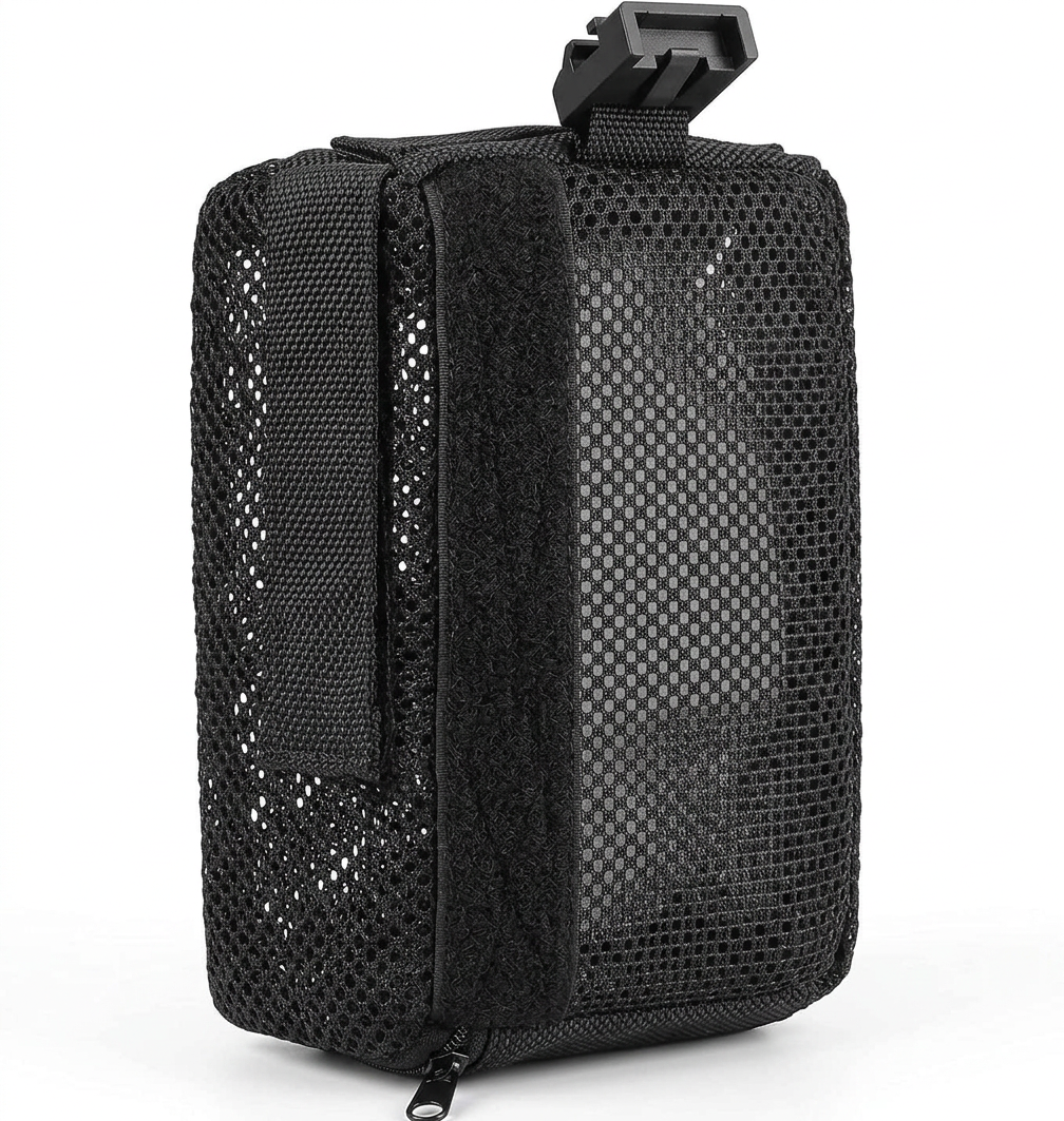 Black mesh pouch with hook‑and‑loop straps, product close‑up