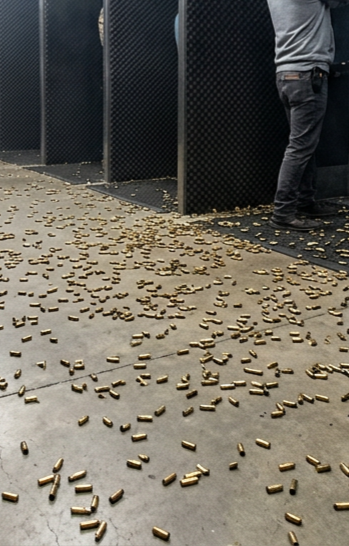 A person at an indoor shooting range, with brass casings scattered on the floor.