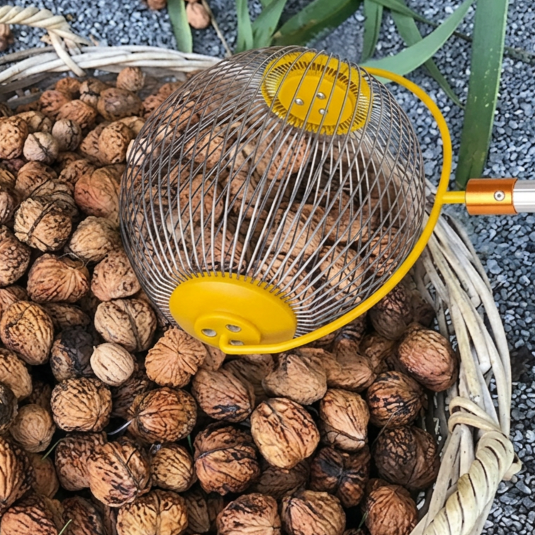 Yellow wire‑cage roller used for gathering nuts, top view in a basket