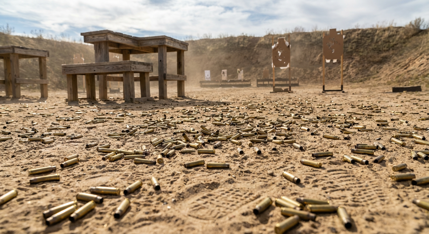 Outdoor shooting range with loose brass casings on sandy ground, targets in background