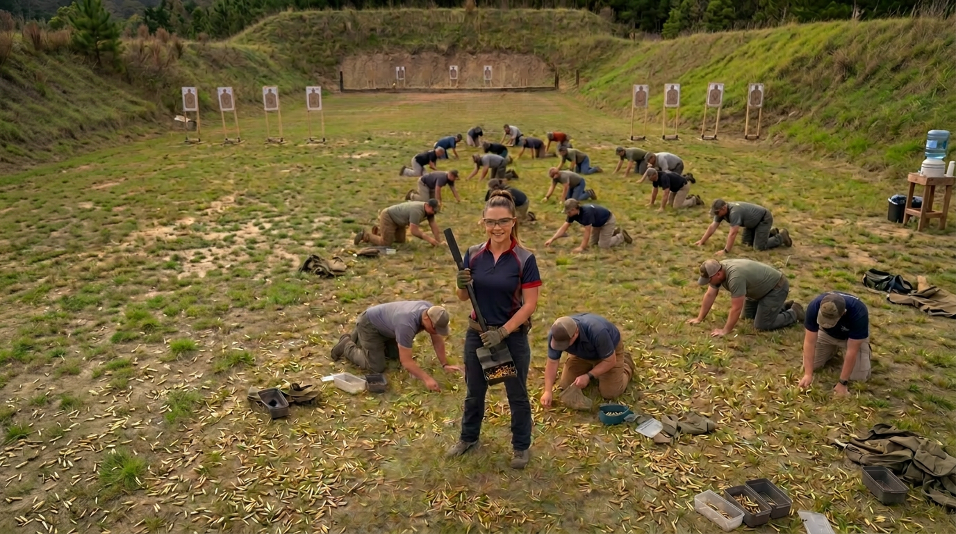 Girl standing at an outdoor shooting range holding a Scavenger pickup tool, with multiple people kneeling behind to collect brass casings