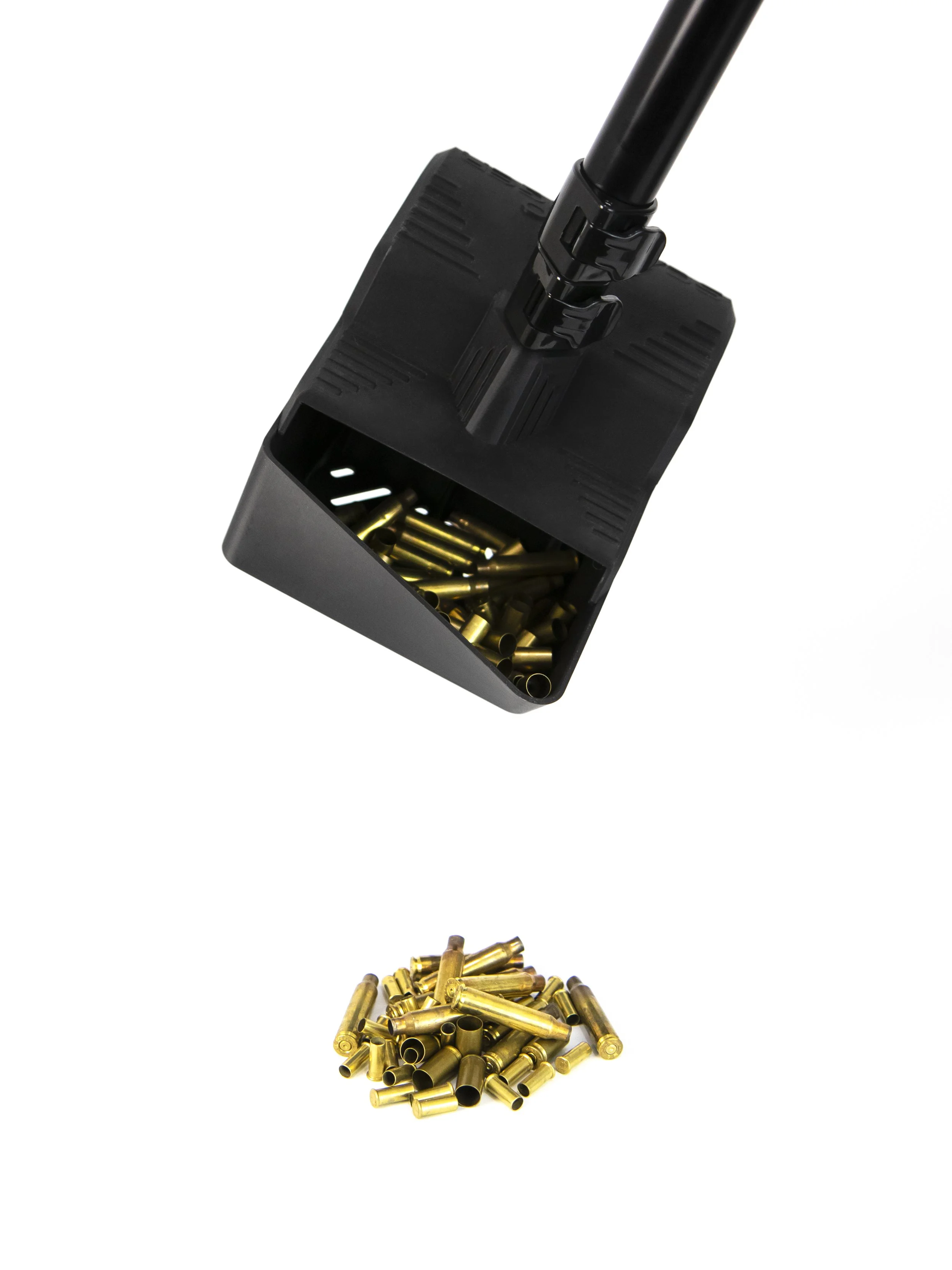 Brassbullet casings spilling out of a black brass recovery tool (grass scavenger) with a slight tilt, isolated on a white background.