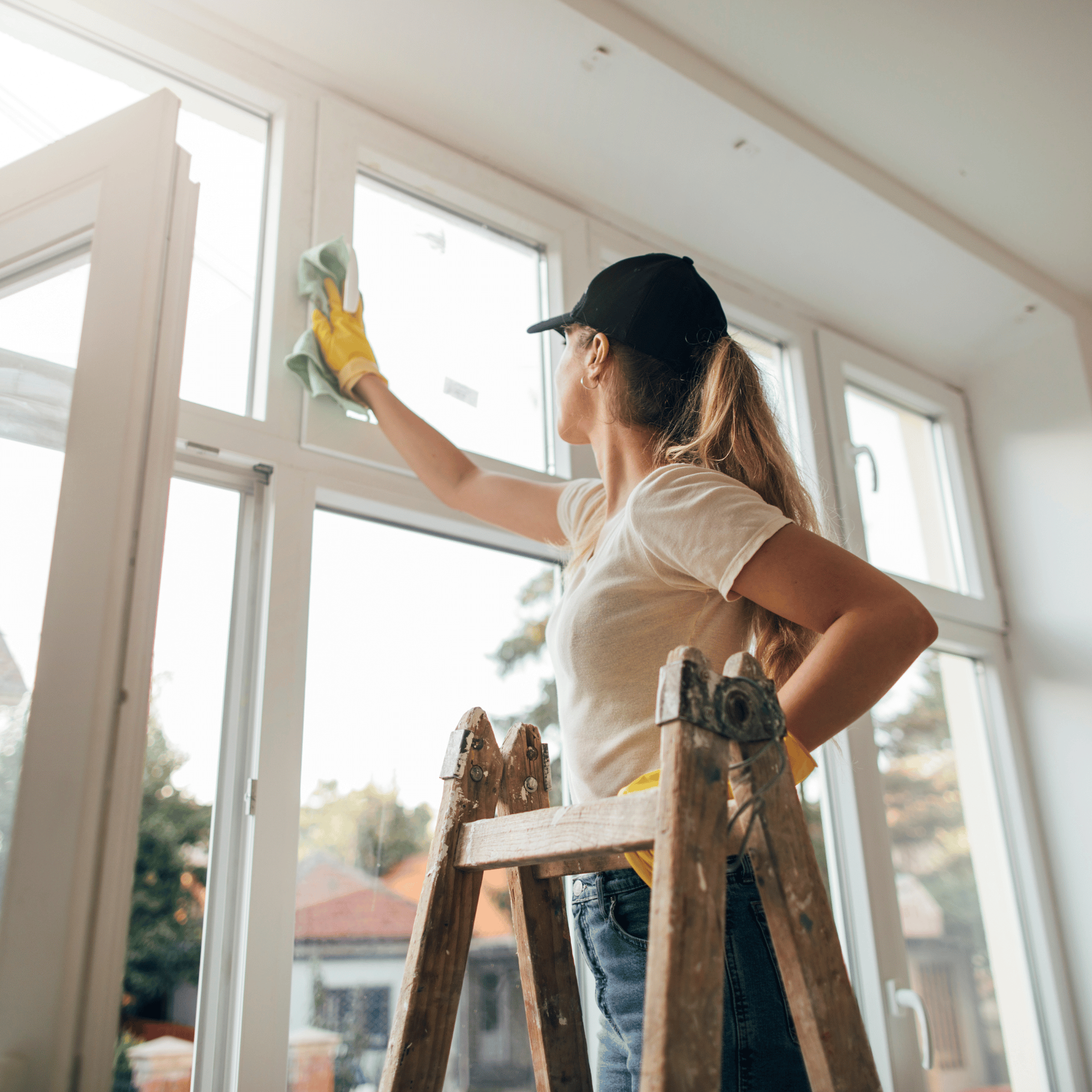 A person cleaning a window while standing on a wooden ladder inside a house with large windows and a view of the outdoors.