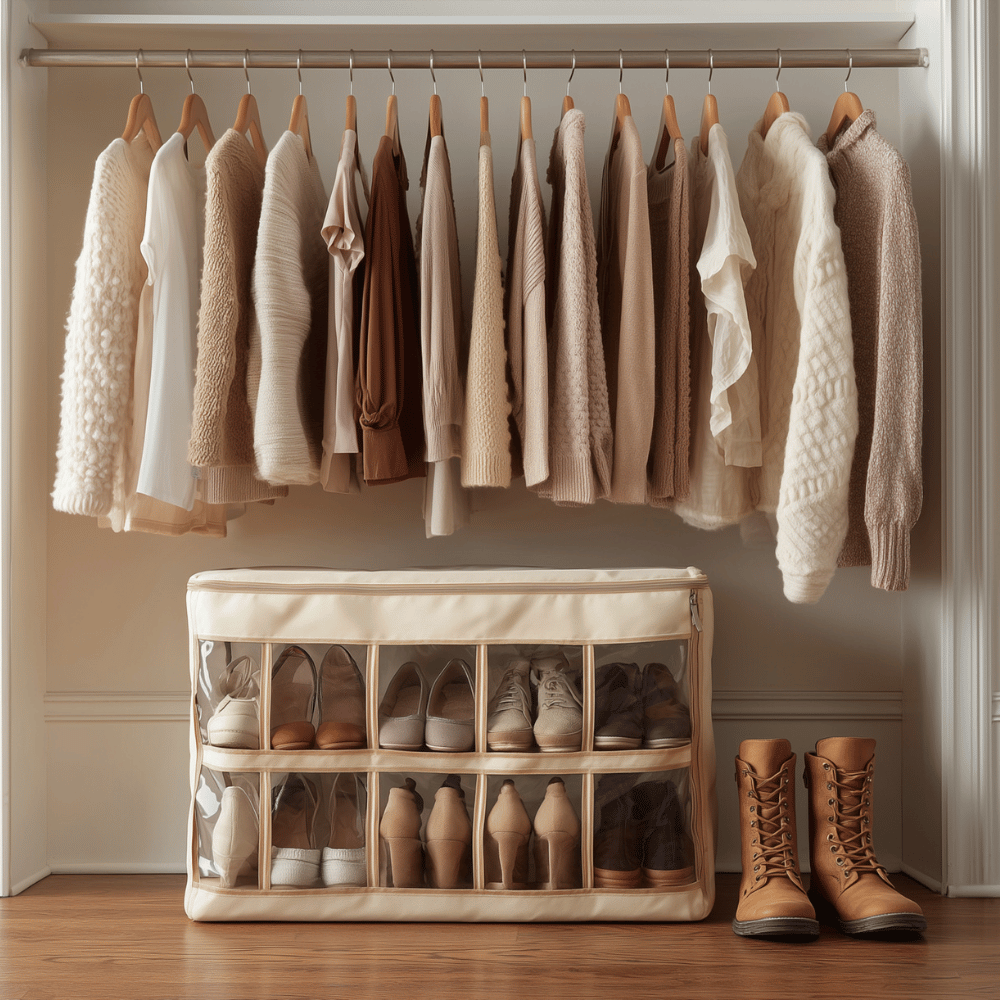 Clothing closet featuring a row of beige and white sweaters and shirts hanging on wooden hangers above a shoe organizer with various shoes and two pairs of boots on the floor.