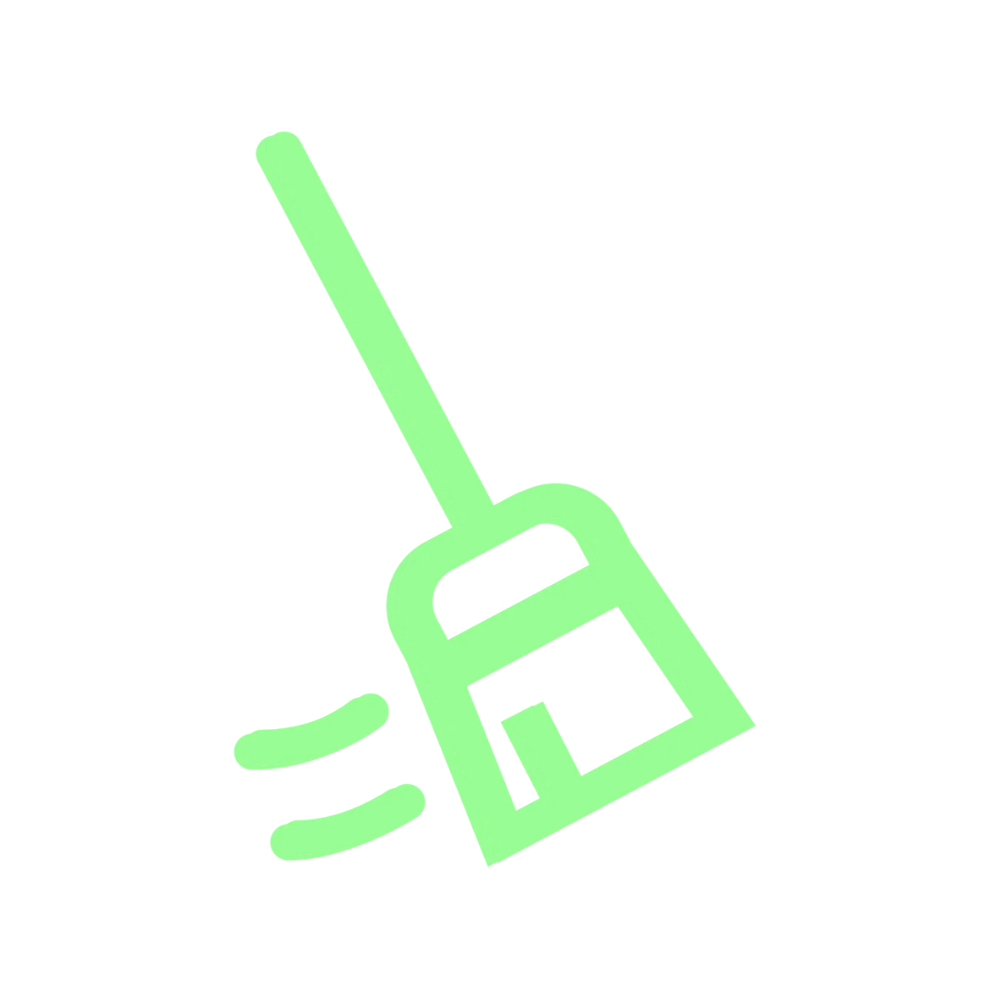 Green outline of a toilet brush with motion lines indicating cleaning.