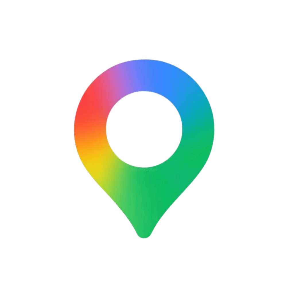 Colorful location marker icon with a gradient of rainbow colors on a black background.