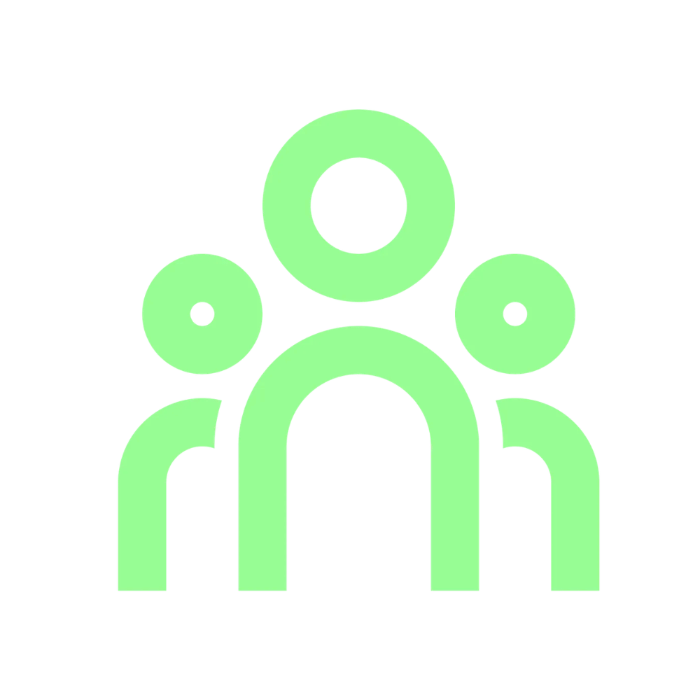 Green icon depicting a group of four people, with one larger figure in the center and three smaller figures around it, all outlined on a black background.