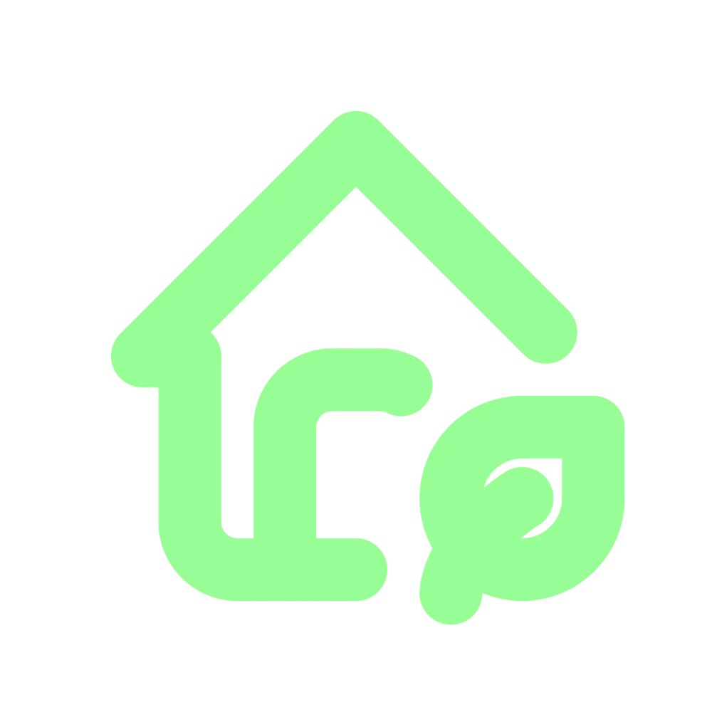 A green eco-friendly house icon with a circular arrow surrounding it, representing recycling or sustainability.