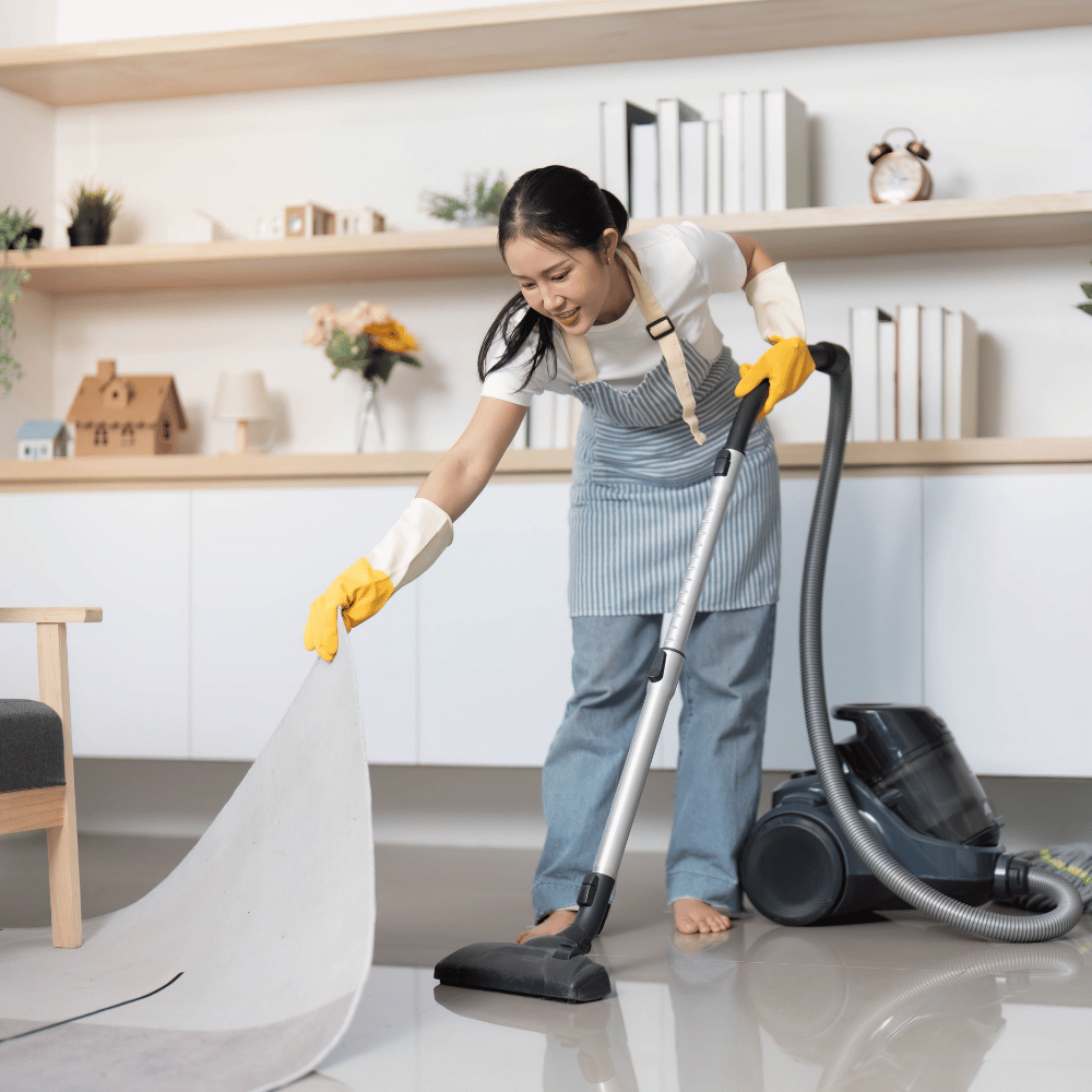 A woman wearing yellow gloves and a striped apron vacuuming a white carpet in a modern living room.