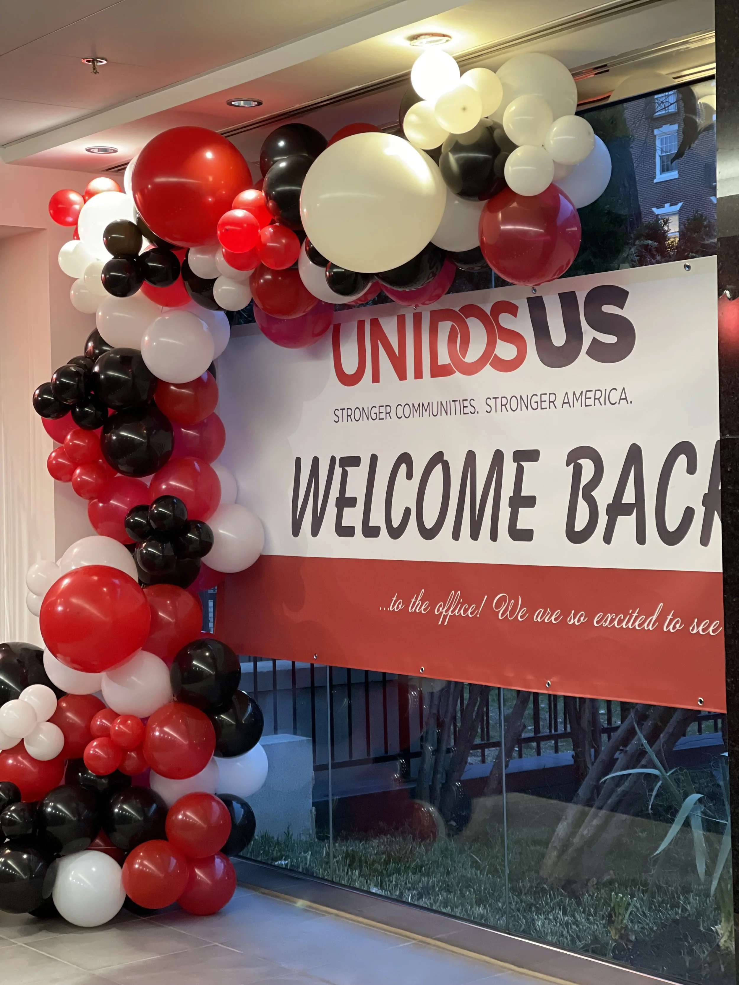 Organic Arch display with balloons in red, black, and white.