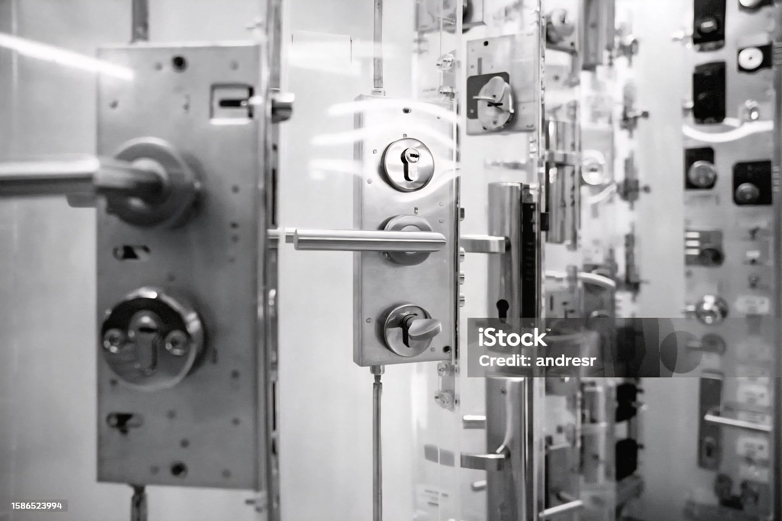 Close-up of various metallic lock mechanisms for door security, arranged on a wall or display.