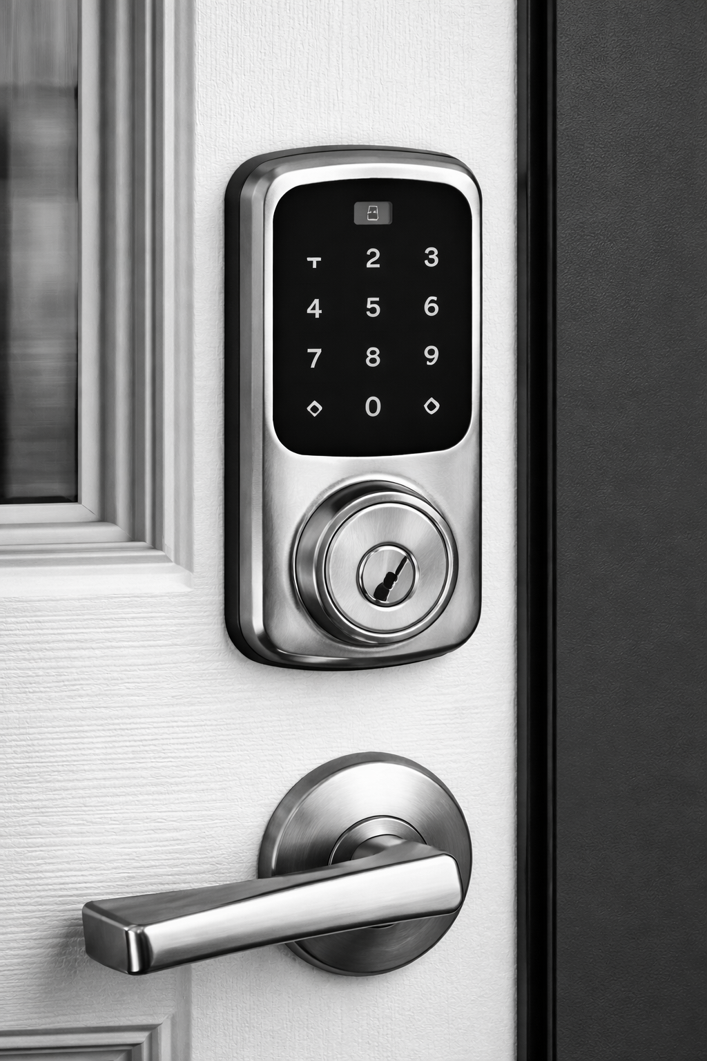 Electronic keypad lock with a digital display, numeric keys, and a traditional keyhole on a door with a silver handle.