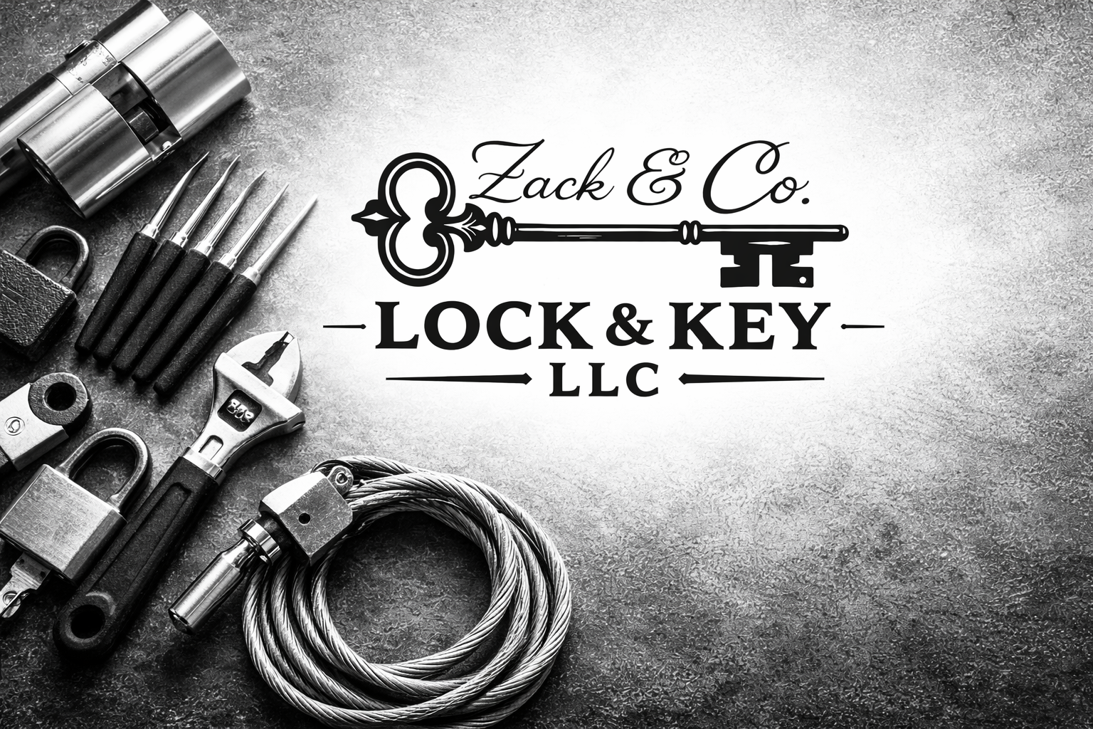 Tools like a padlock, screwdrivers, wrenches, pliers, and a cable are arranged next to a logo with a key and the text 'Zack & Co. Lock & Key LLC' on a textured surface.