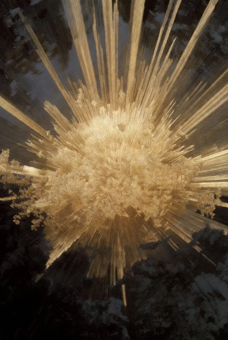 Close-up of intricately formed ice crystals on a surface, with sunlight reflecting off them.