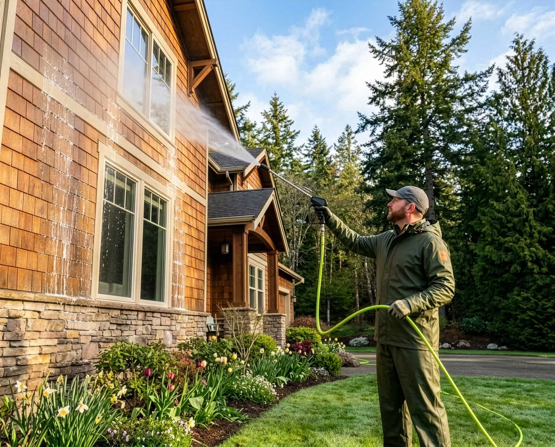 A man wearing a cap, jacket, and gloves is pressure washing the exterior wall of a house with a garden and trees in the background.