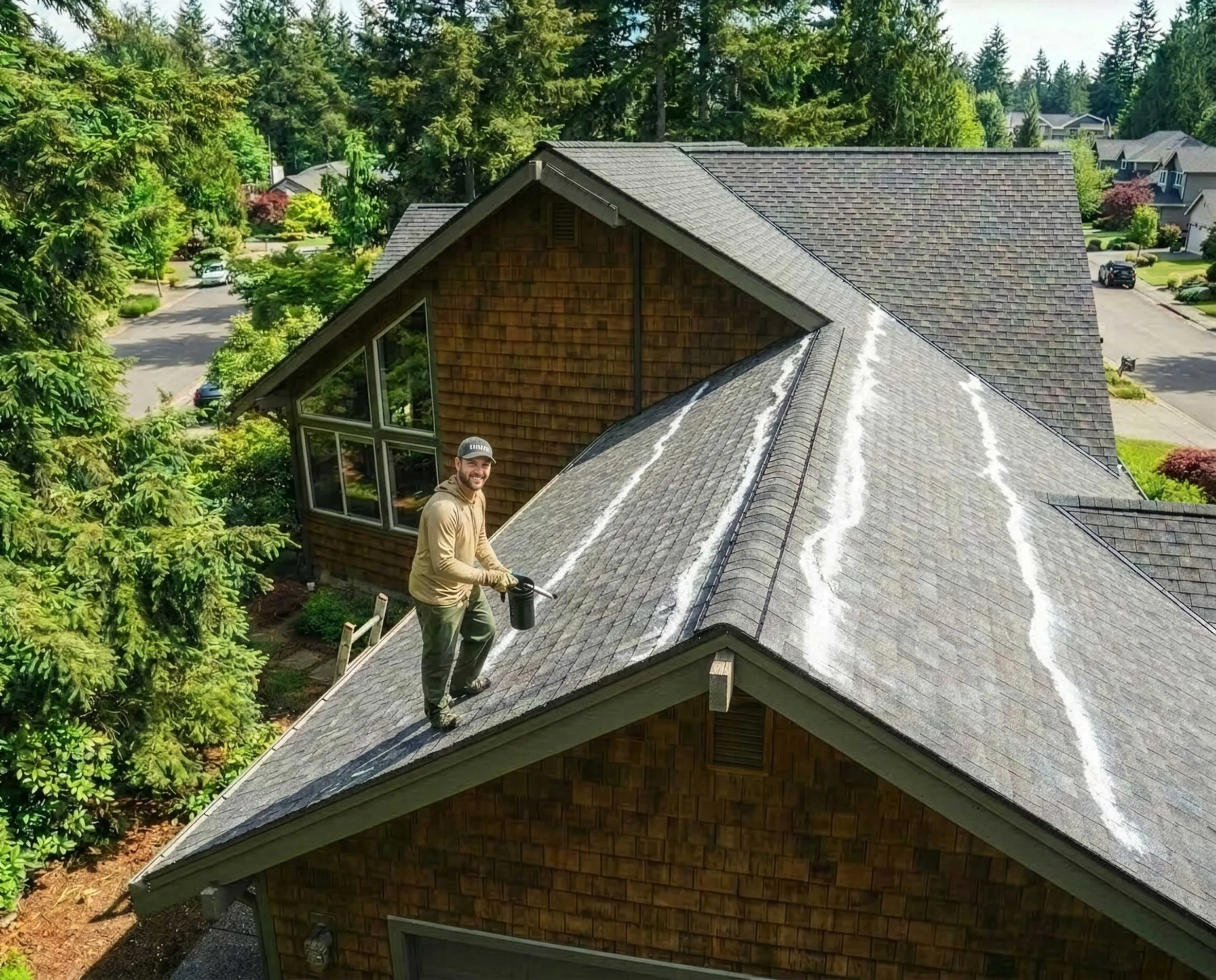 Man in beige jacket and cap standing on house roof with shingles, surrounded by trees, in a suburban neighborhood.