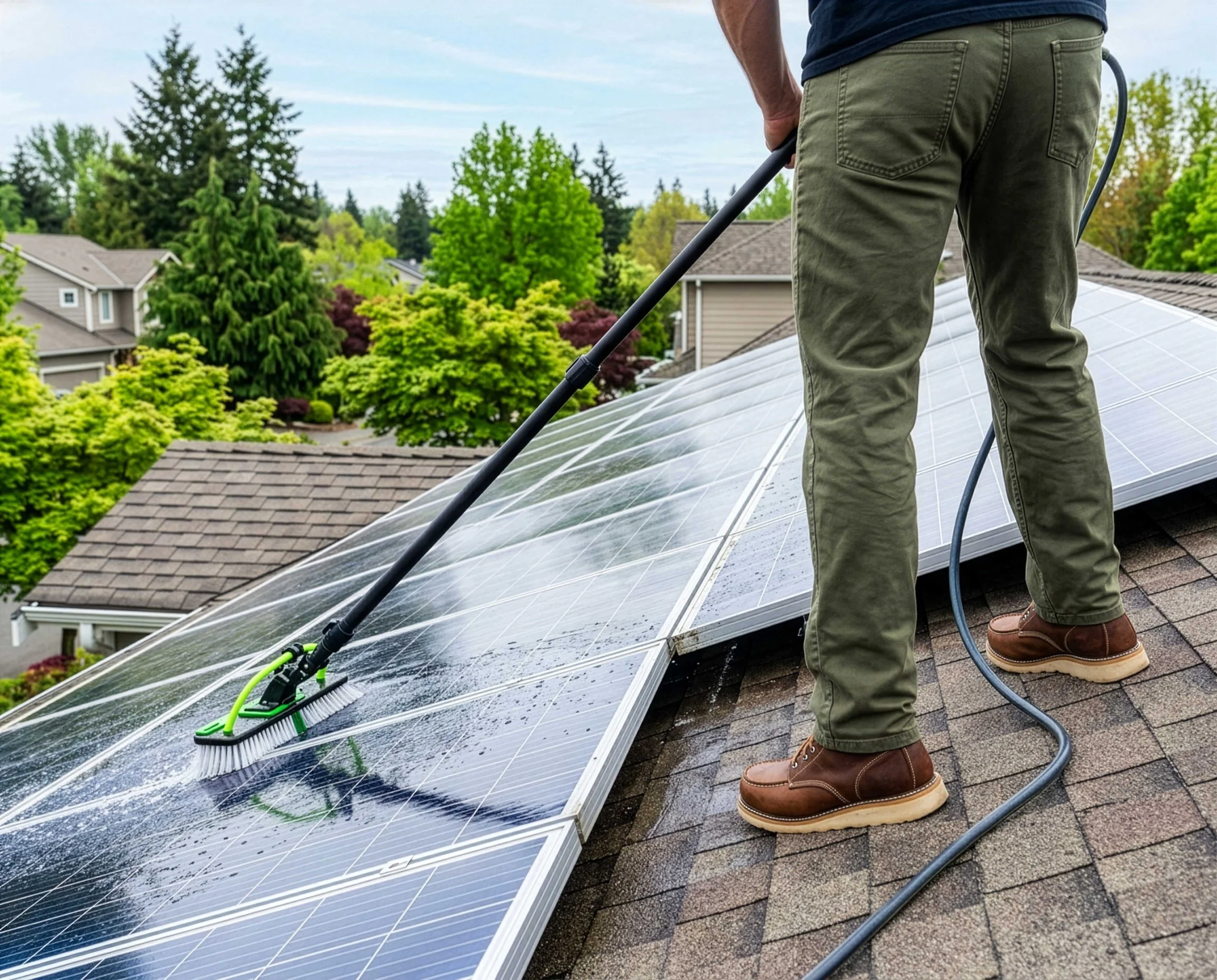 A person is cleaning solar panels on a roof with a broom and hose, surrounded by lush green trees and houses.