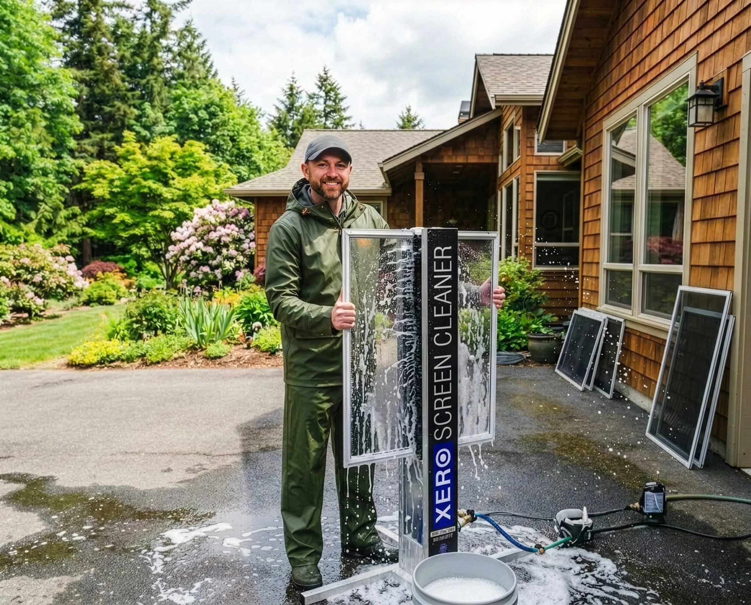 A man in green waterproof clothing and a cap is cleaning a glass door with soap and water outside a wooden house. There are cleaning supplies and window screens on the ground nearby.