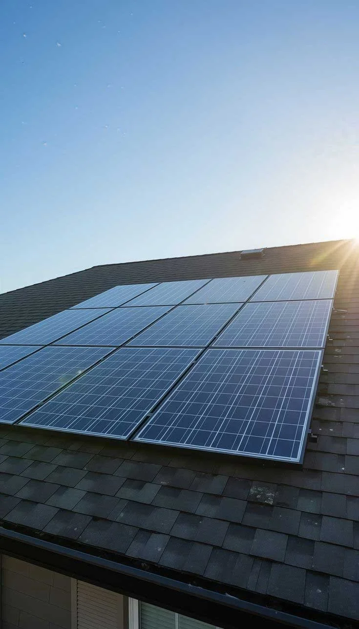 Solar panels installed on a house roof with sunlight shining.