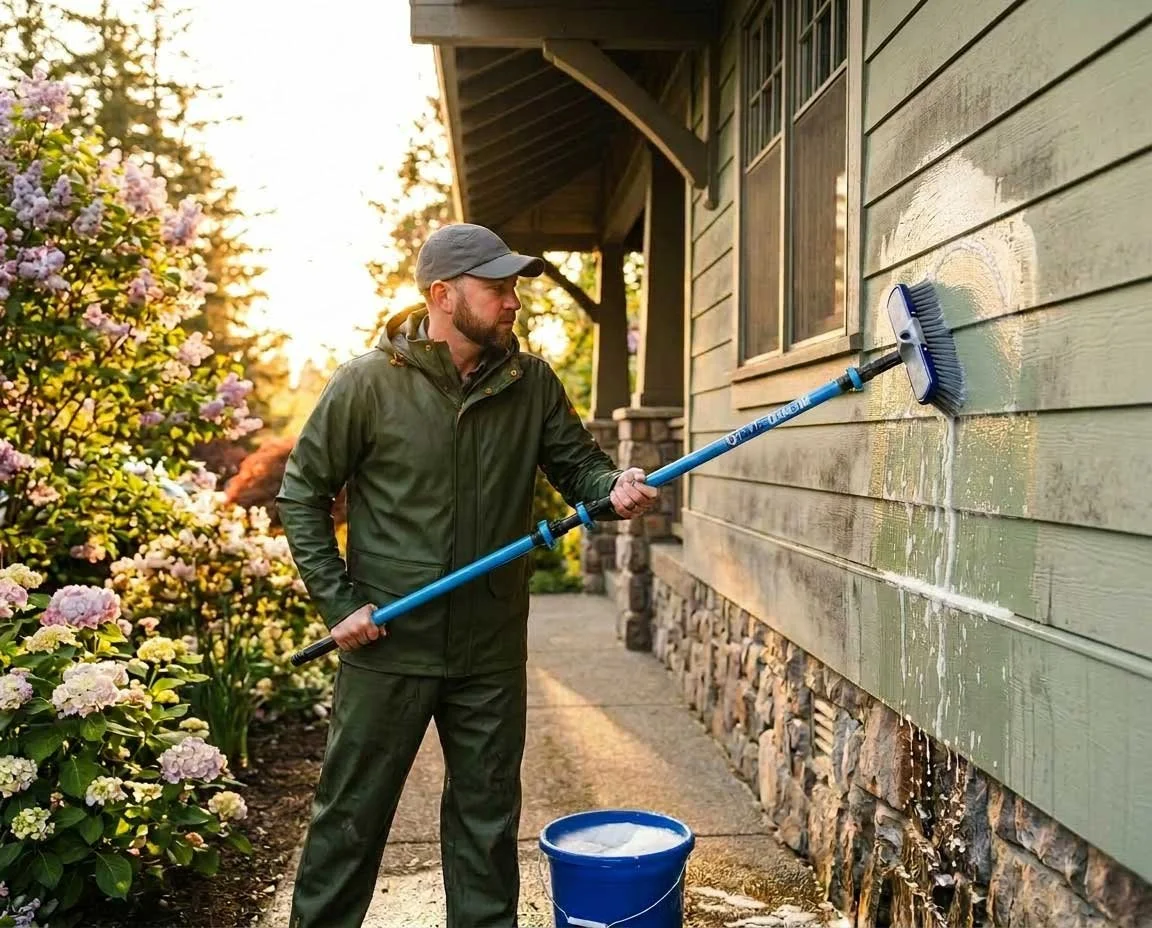 A man power washing the exterior wall of a house with a long-handled brush, standing next to flowering bushes during sunset.