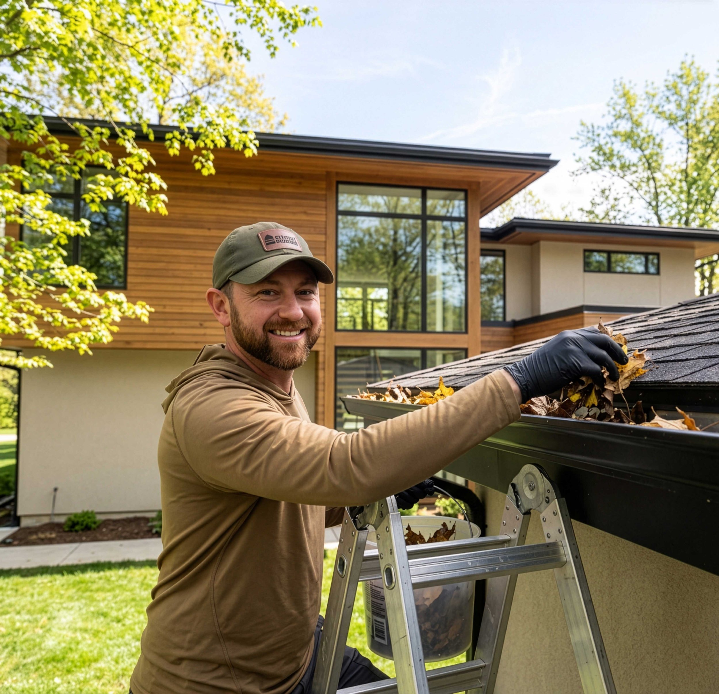 A smiling man on a ladder cleaning leaves out of a gutter by hand on a sunny day.