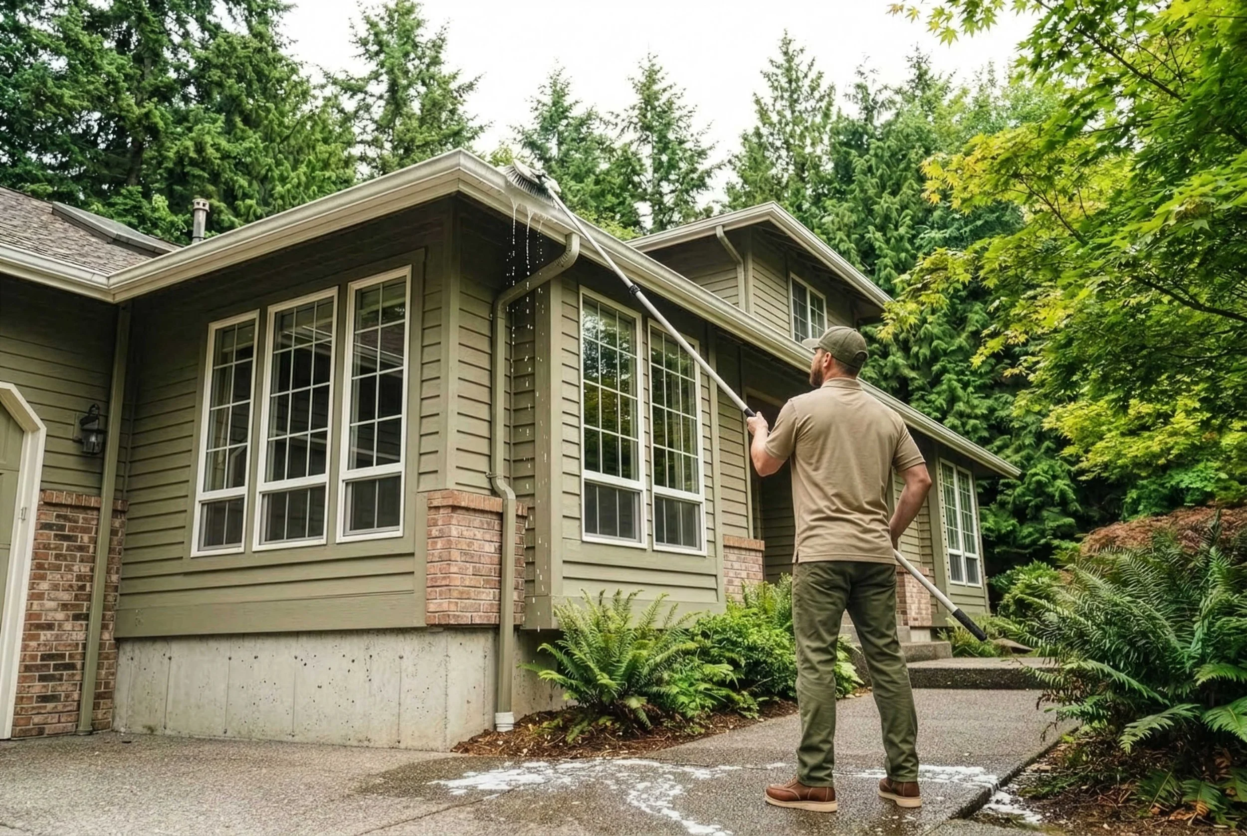 A man cleaning gutters on a house using an extension pole with a vacuum attachment, standing on the driveway surrounded by greenery.