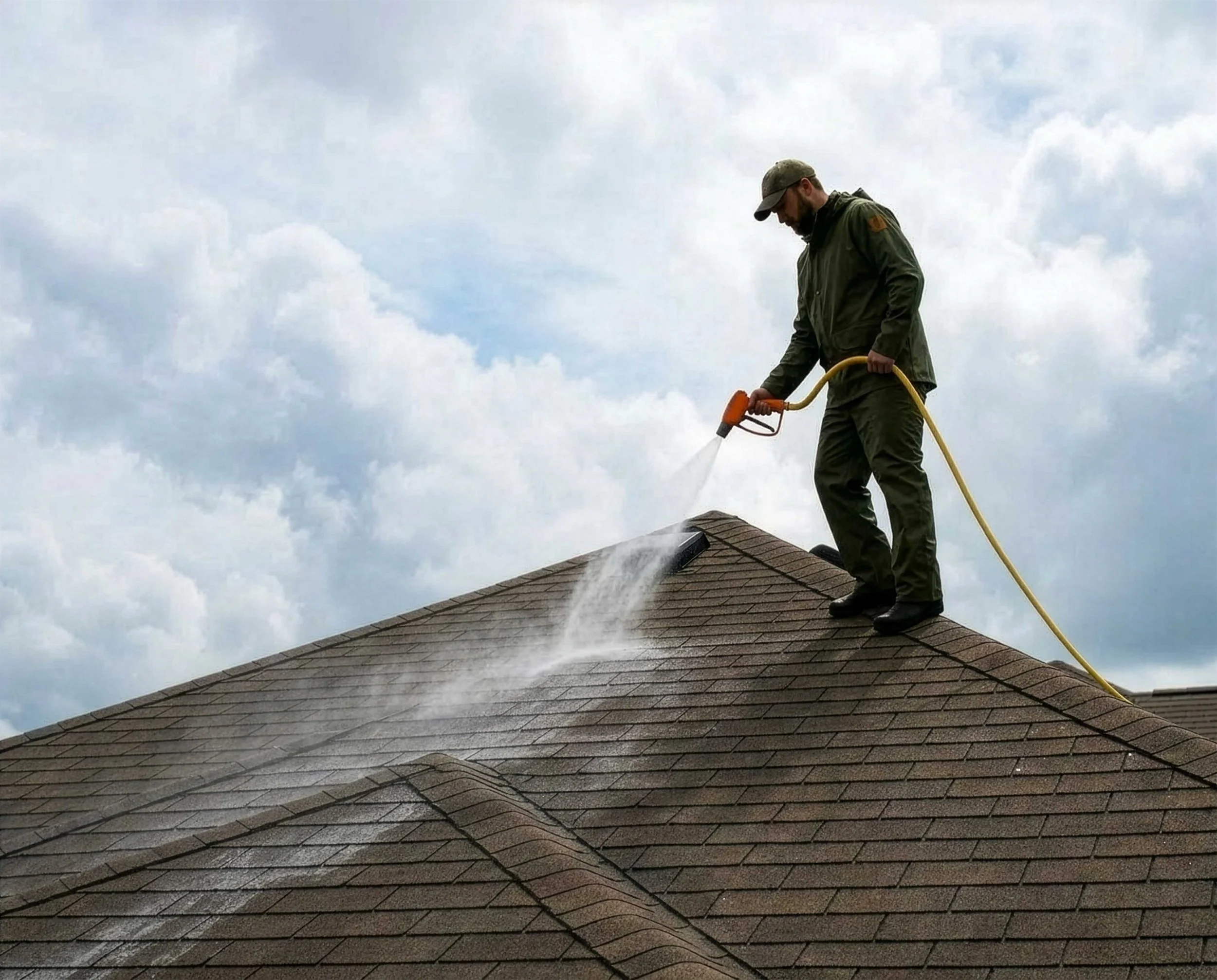 A man standing on a tiled roof, spraying water from a hose, with a cloudy sky overhead.