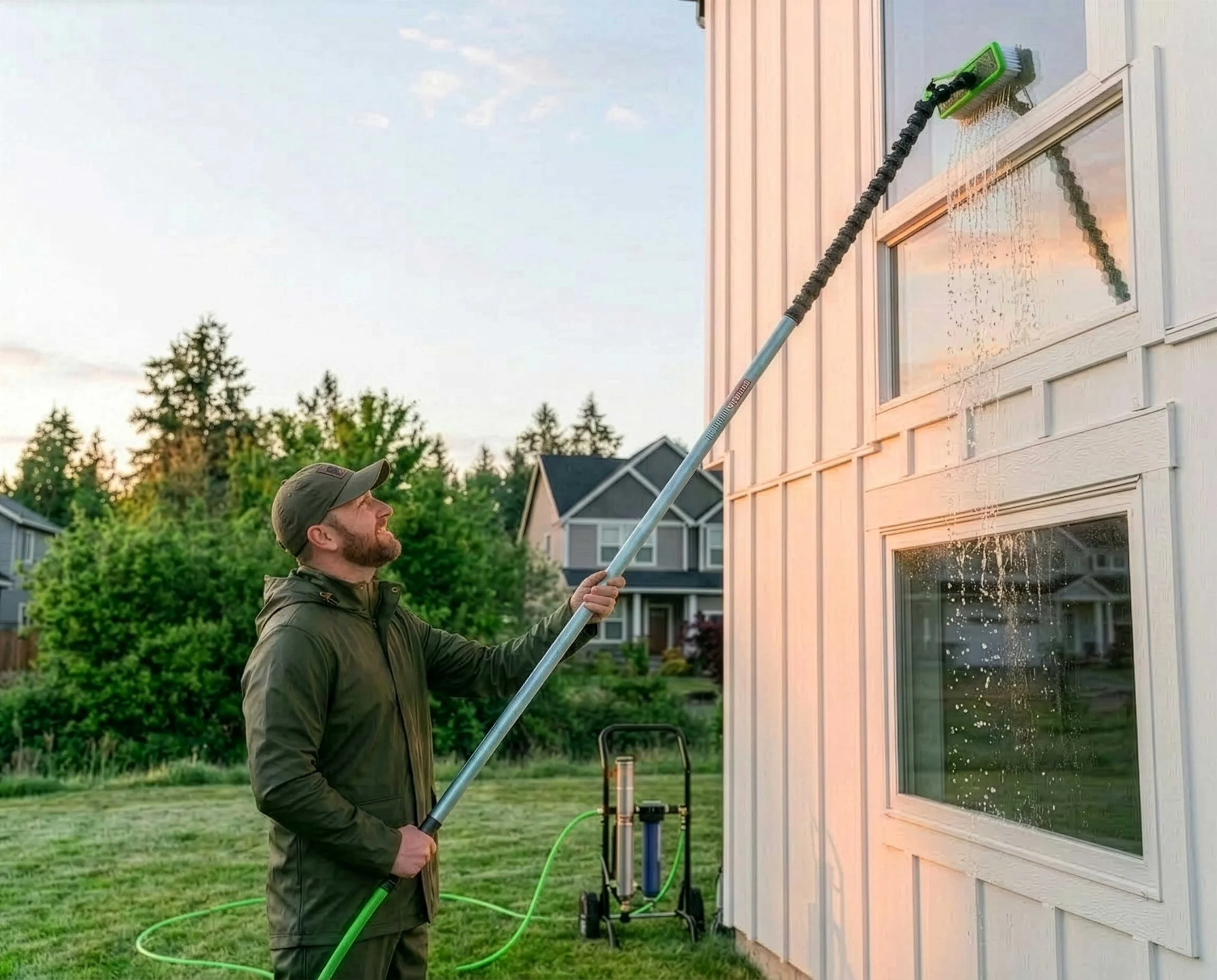 A man cleaning the exterior window of a house with a long-handled brush, water flowing from the brush onto the window, during sunset.