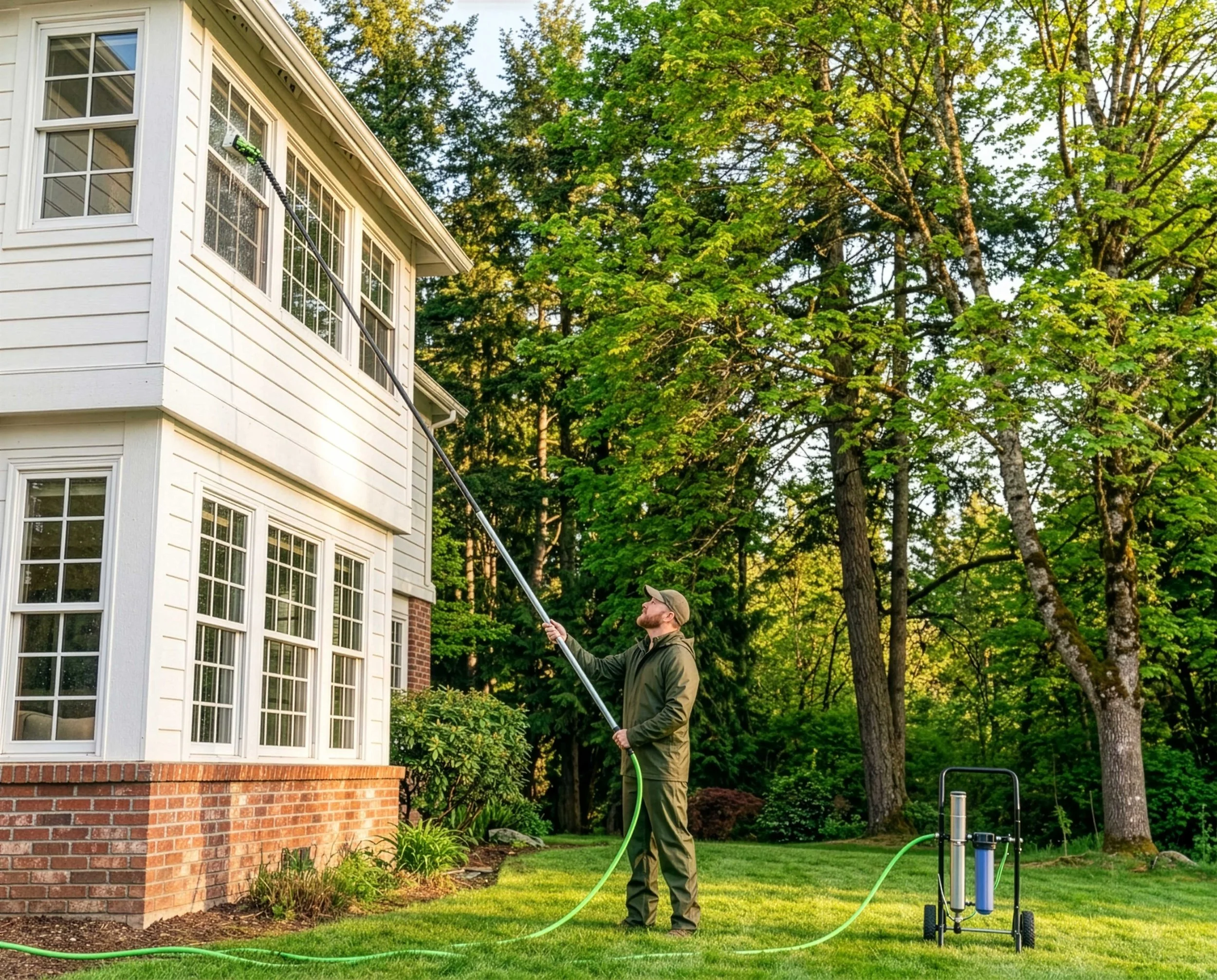 A man in a beige jacket and cap is pressure washing the side of a white house with multiple large windows. The scene is set outdoors near green trees and a well-maintained lawn, with sunlight filtering through the foliage.