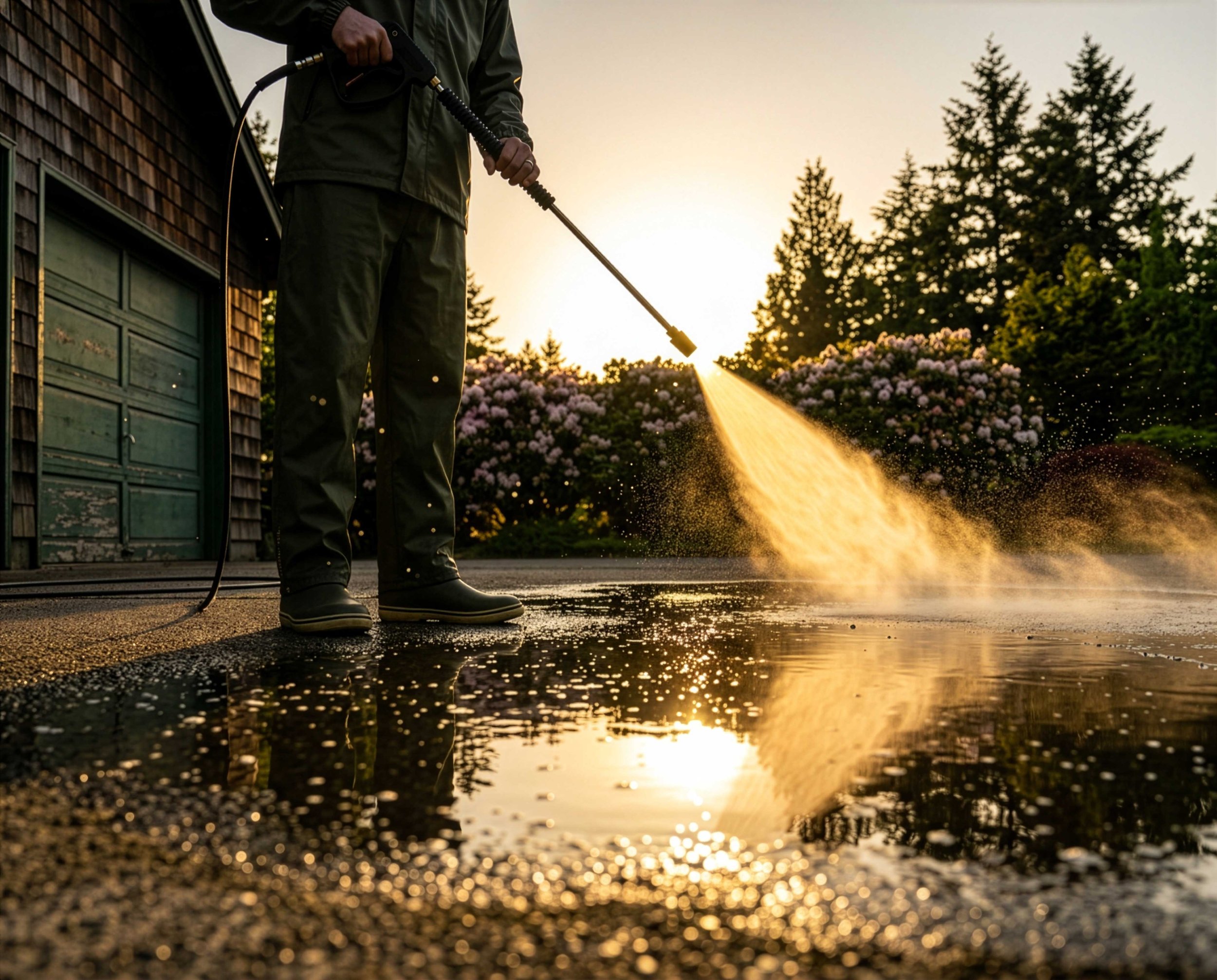 Person in dark clothing wearing boots spraying a garden with a garden hose during sunset.