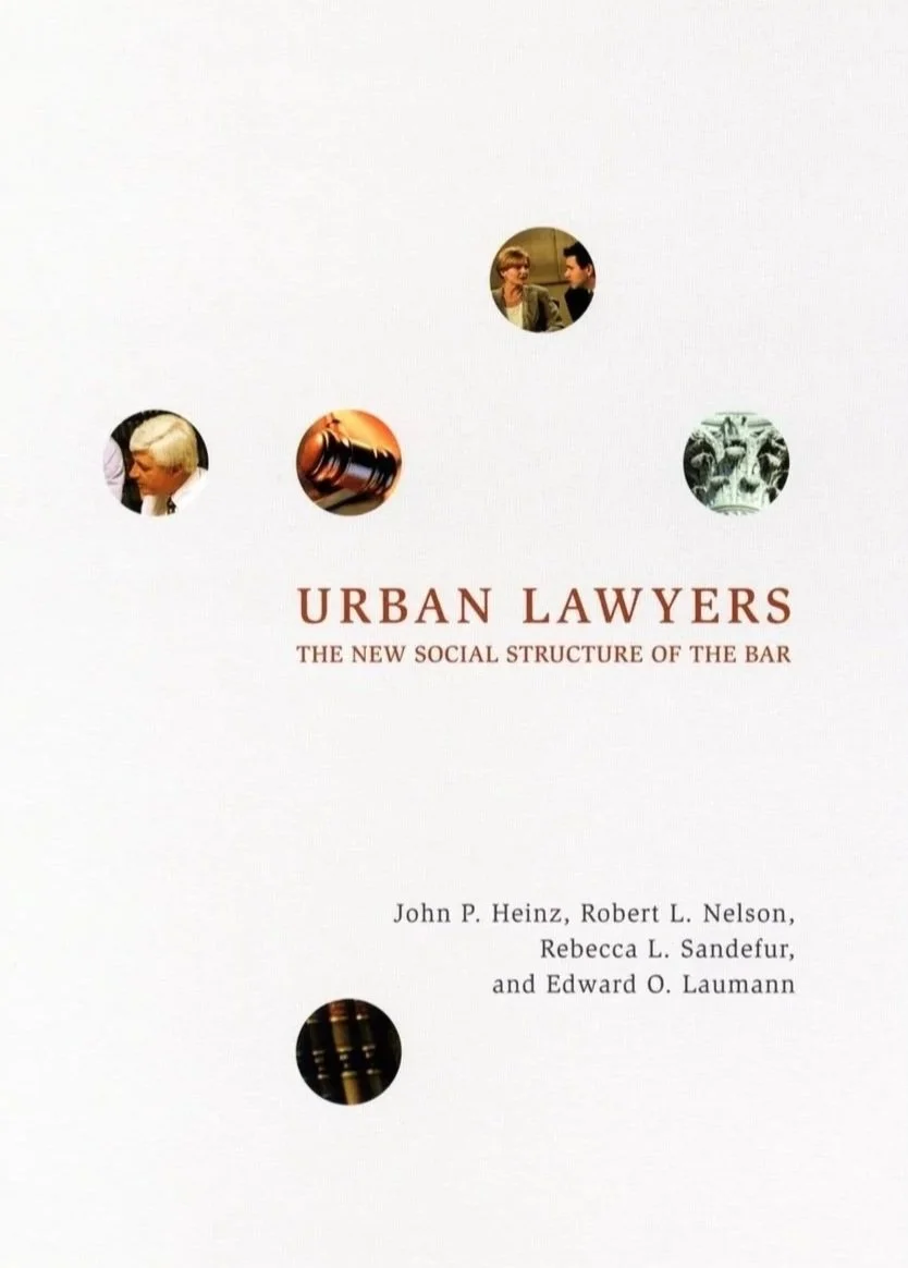 Book cover titled "Urban Lawyers: The New Social Structure of the Bar" by John P. Heinz, Robert L. Nelson, Rebecca L. Sandefur, and Edward O. Laumann, with small circular images of people, a gavel, a building, and scales of justice.
