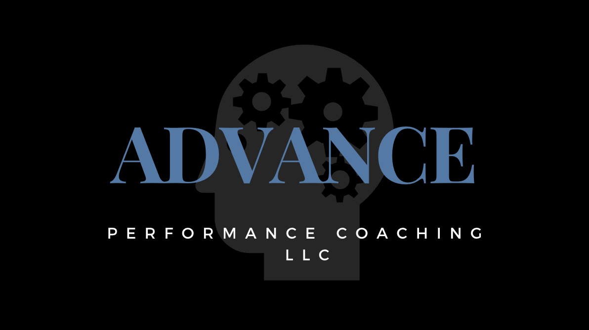 Logo for Advance Performance Coaching LLC featuring a human head silhouette with gears inside, black background, with 'ADVANCE' in large blue letters and 'PERFORMANCE COACHING LLC' in white text below.