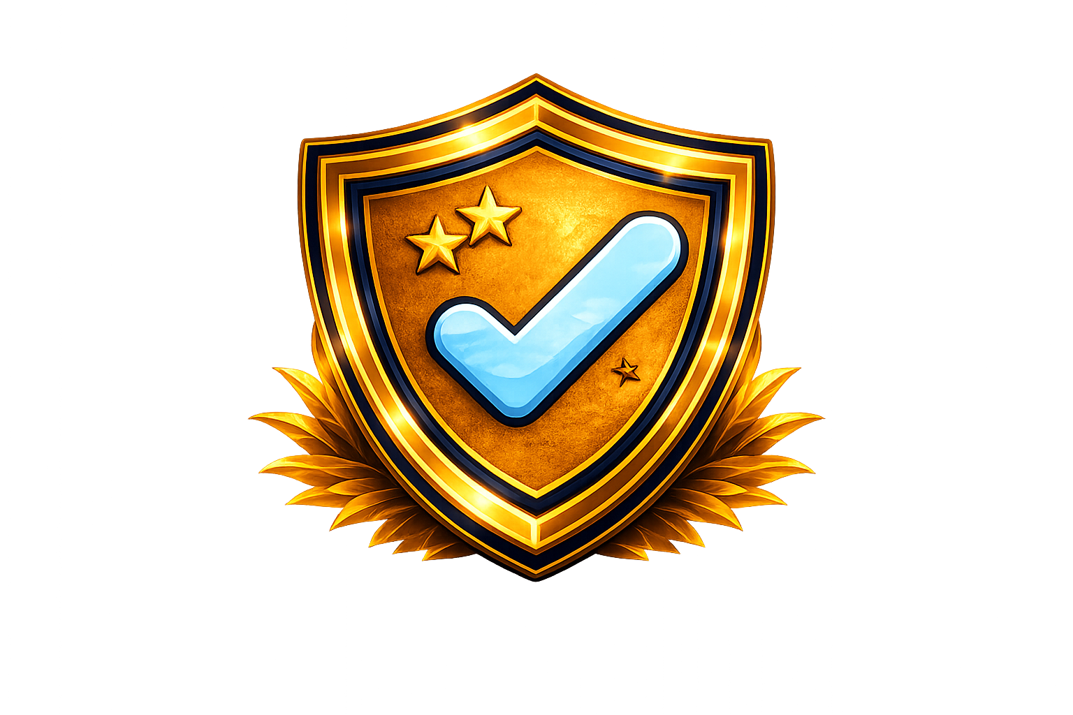 A colorful shield emblem featuring a blue checkmark, gold stars, and a gold border, with a sunburst design at the bottom.