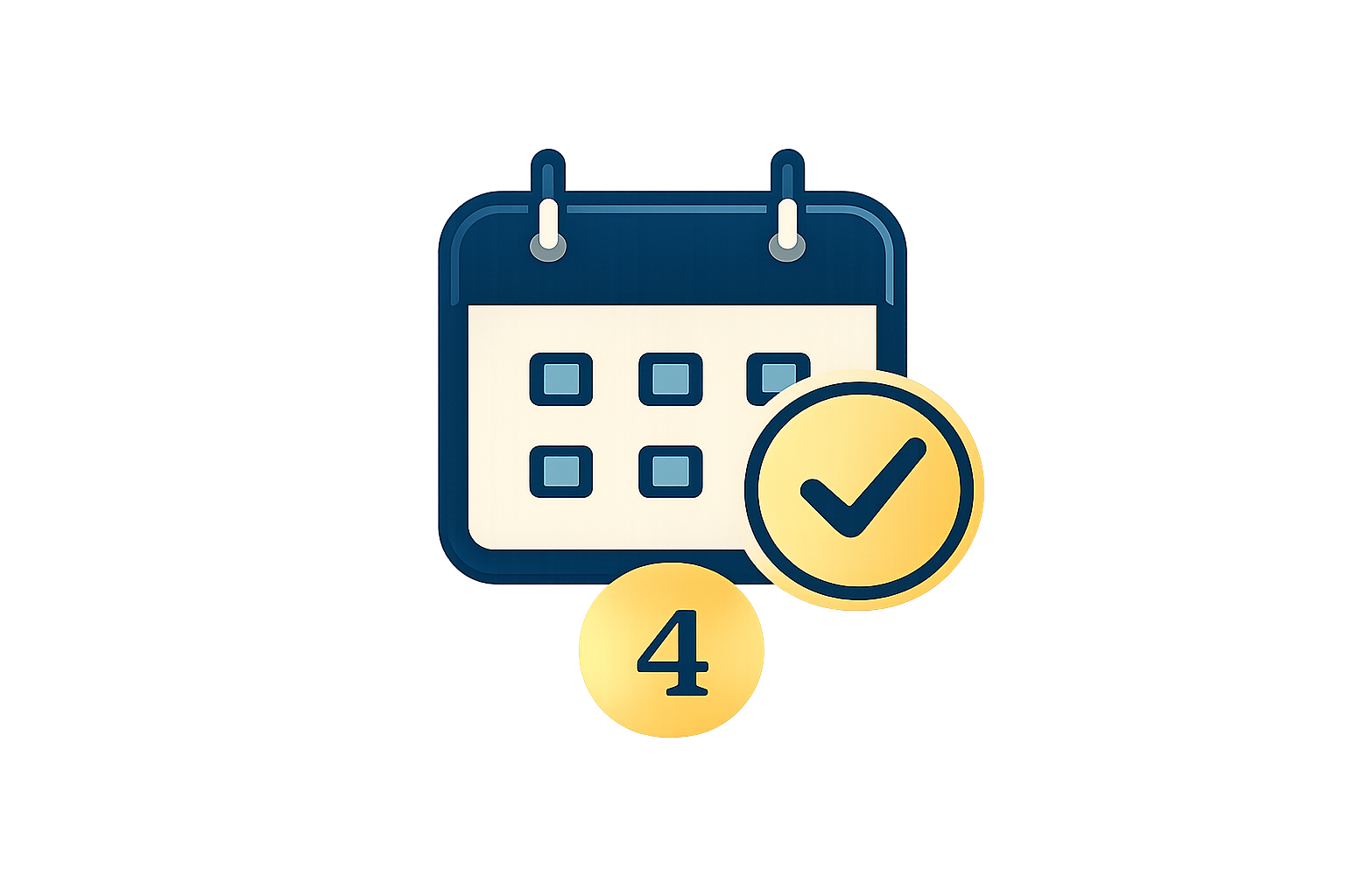 A digital calendar icon with a check mark and the number 4, indicating a scheduled or completed event.