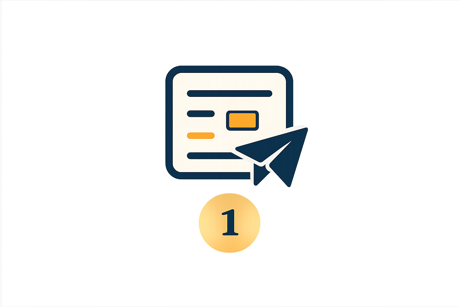 A digital icon representing email or message notification, featuring a document with lines of text and an email paper plane symbol, illuminated with a glow and a yellow circle with the number 1 underneath.
