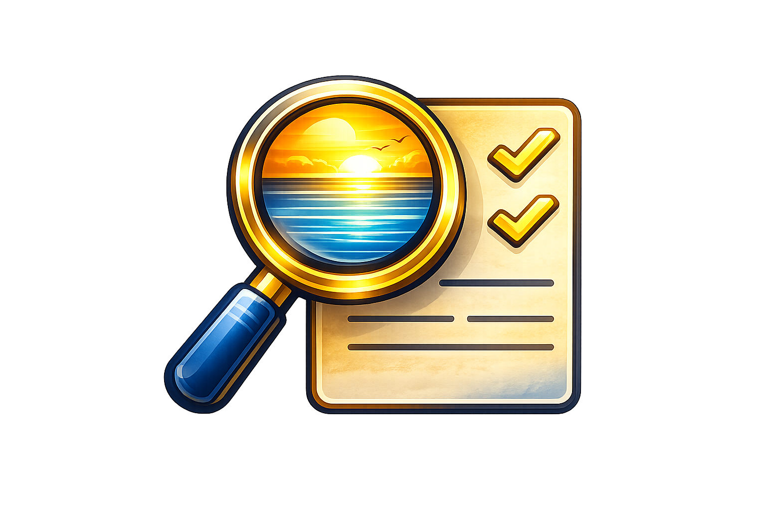 Magnifying glass focusing on a sunset over water, with two yellow checkmarks and a checklist.